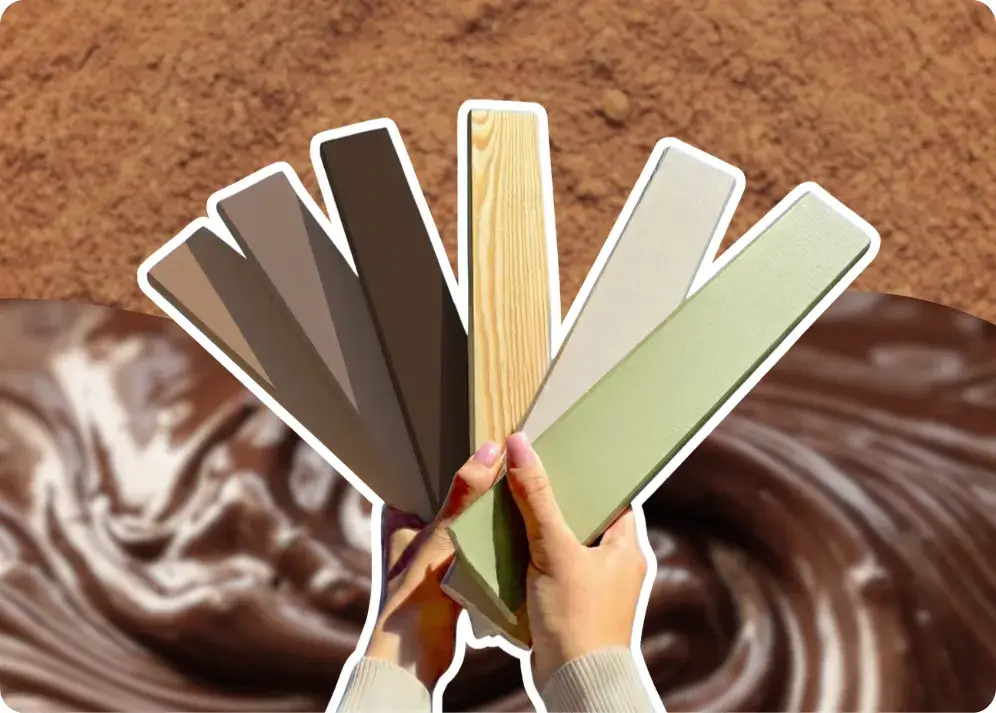 Six color samples held by two hands against a background with the texture of cinnamon and liquid chocolate. The colors are: cinnamon, milk chocolate, dark chocolate, pine, cashmere and olive.